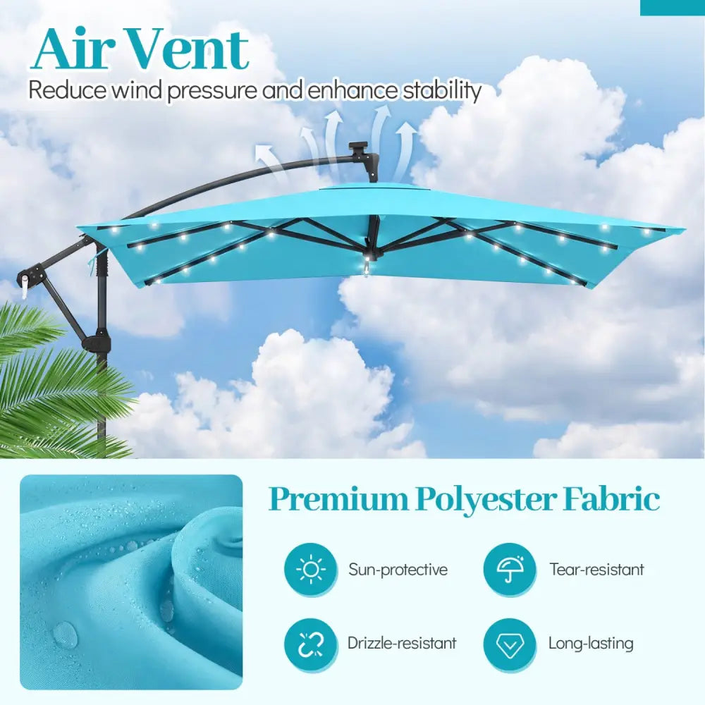 8 x 8 Square FT Solar LED Offset Cantilever Patio Umbrella with 360° Rotation-Turquoise - Turquoise - Outdoor Umbrellas