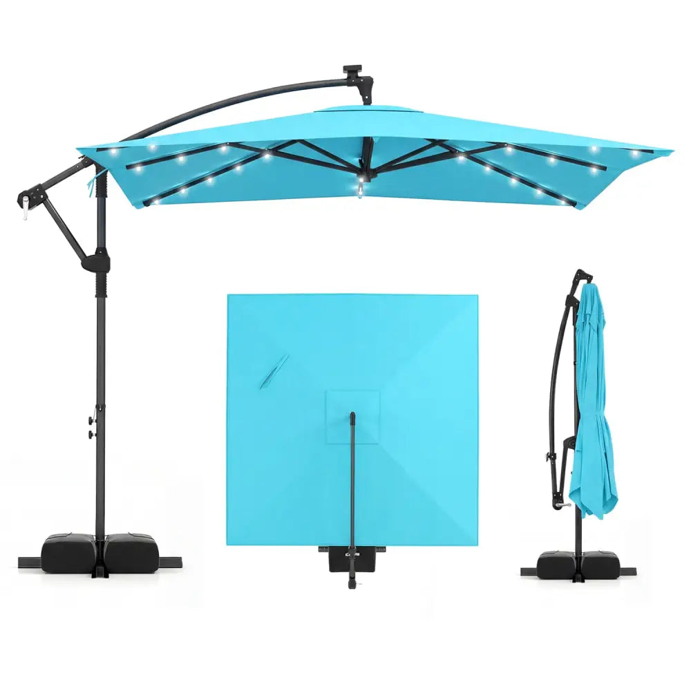 8 x 8 Square FT Solar LED Offset Cantilever Patio Umbrella with 360° Rotation-Turquoise - Turquoise - Outdoor Umbrellas