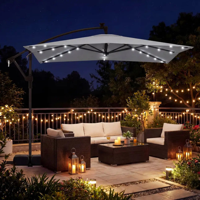 8 x 8 Square FT Solar LED Offset Cantilever Patio Umbrella with 360° Rotation-Gray - Gray - Outdoor Umbrellas