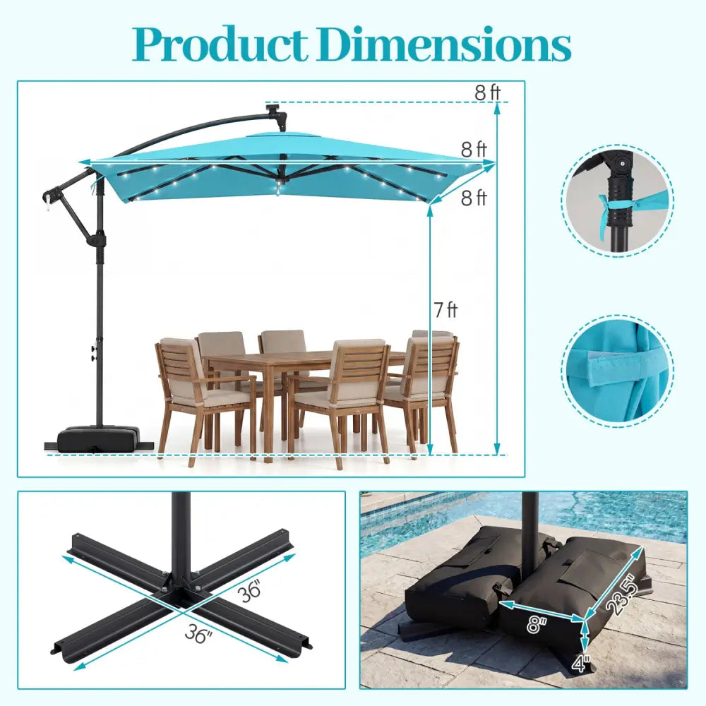 8 x 8 Square FT Solar LED Offset Cantilever Patio Umbrella with 360° Rotation-Turquoise - Turquoise - Outdoor Umbrellas