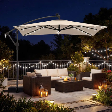 8 x 8 Square FT Solar LED Offset Cantilever Patio Umbrella with 360° Rotation-Beige - Beige - Outdoor Umbrellas