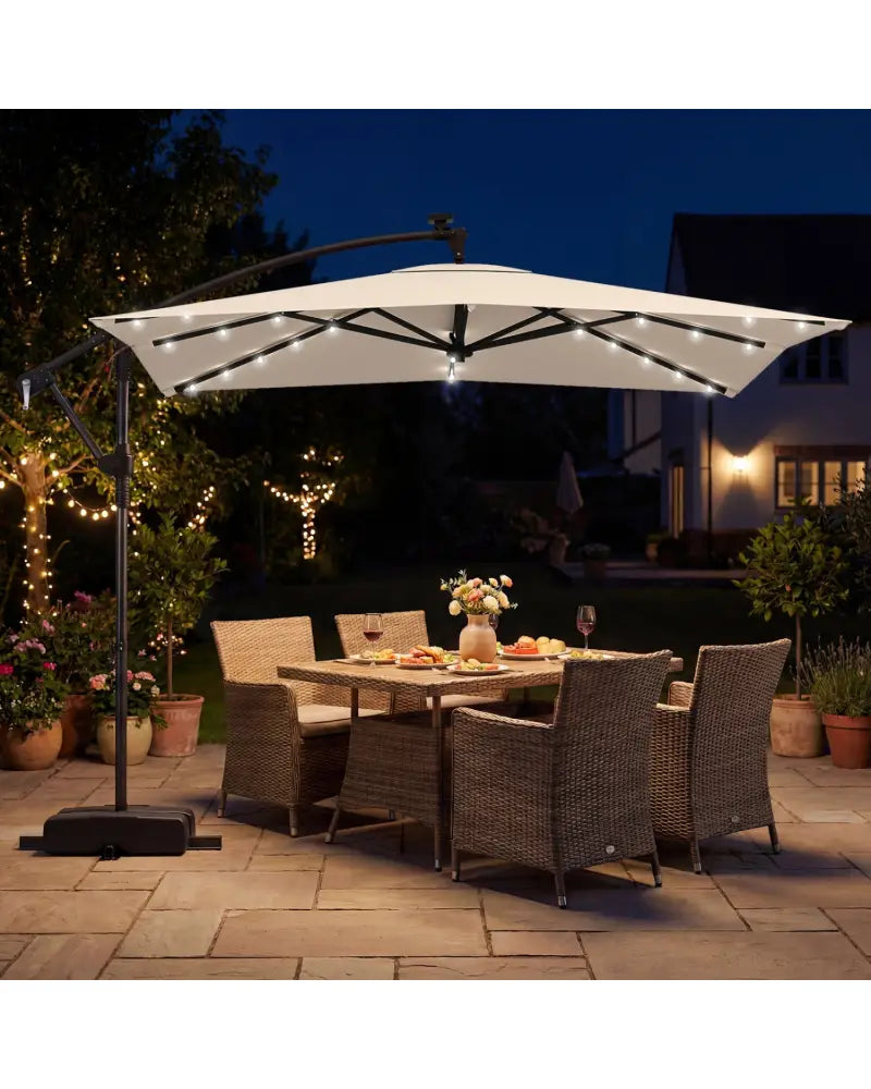 8 x 8 Square FT Solar LED Offset Cantilever Patio Umbrella with 360° Rotation-Beige - Beige - Outdoor Umbrellas