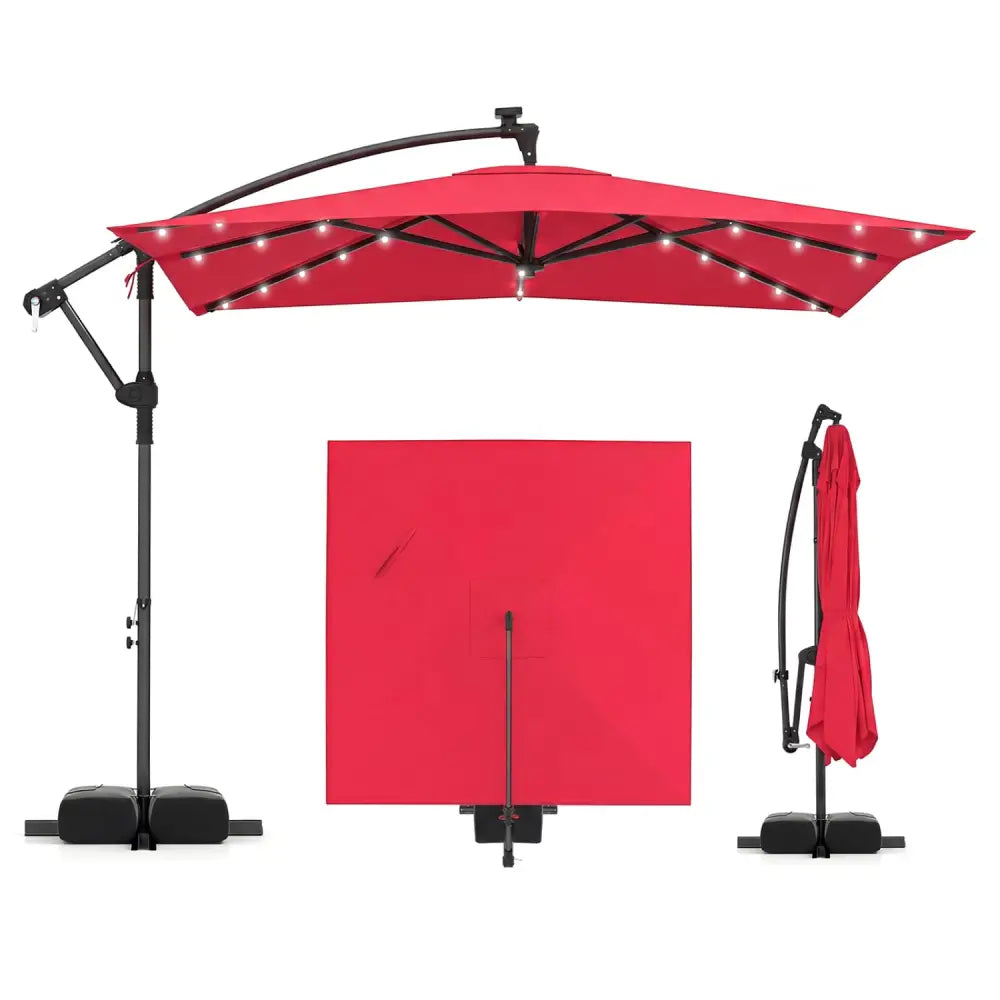 8 x 8 Square FT Solar LED Offset Cantilever Patio Umbrella with 360° Rotation-Red - Red - Outdoor Umbrellas