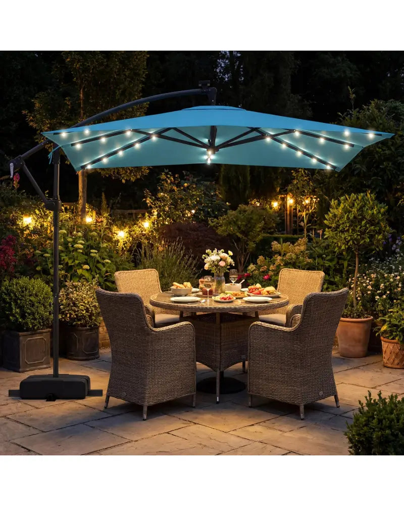 8 x 8 Square FT Solar LED Offset Cantilever Patio Umbrella with 360° Rotation-Turquoise - Turquoise - Outdoor Umbrellas