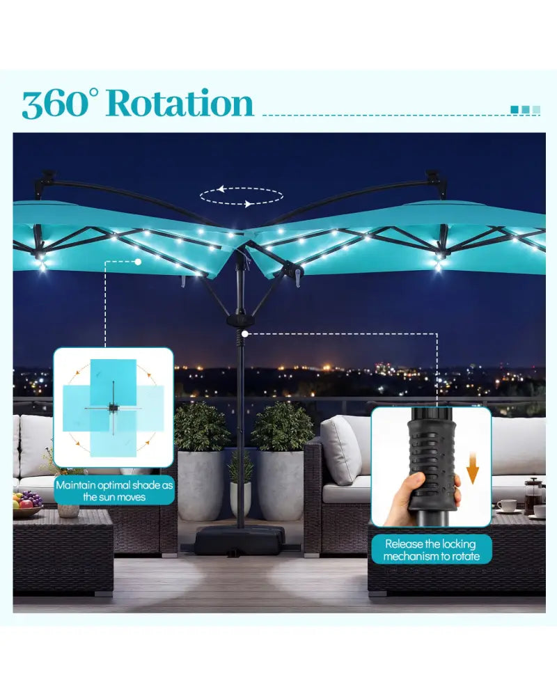8 x 8 Square FT Solar LED Offset Cantilever Patio Umbrella with 360° Rotation-Turquoise - Turquoise - Outdoor Umbrellas