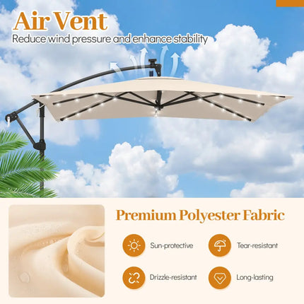 8 x 8 Square FT Solar LED Offset Cantilever Patio Umbrella with 360° Rotation-Beige - Beige - Outdoor Umbrellas