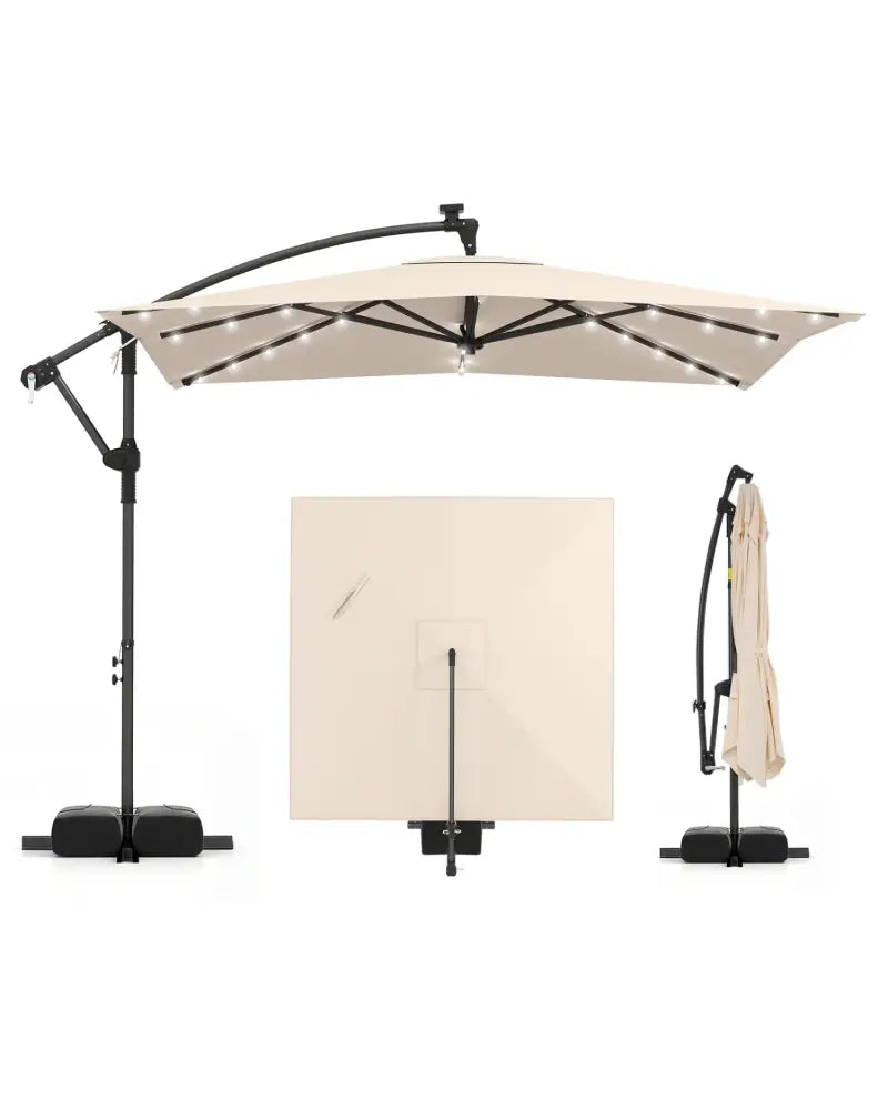 8 x 8 Square FT Solar LED Offset Cantilever Patio Umbrella with 360° Rotation-Beige - Beige - Outdoor Umbrellas