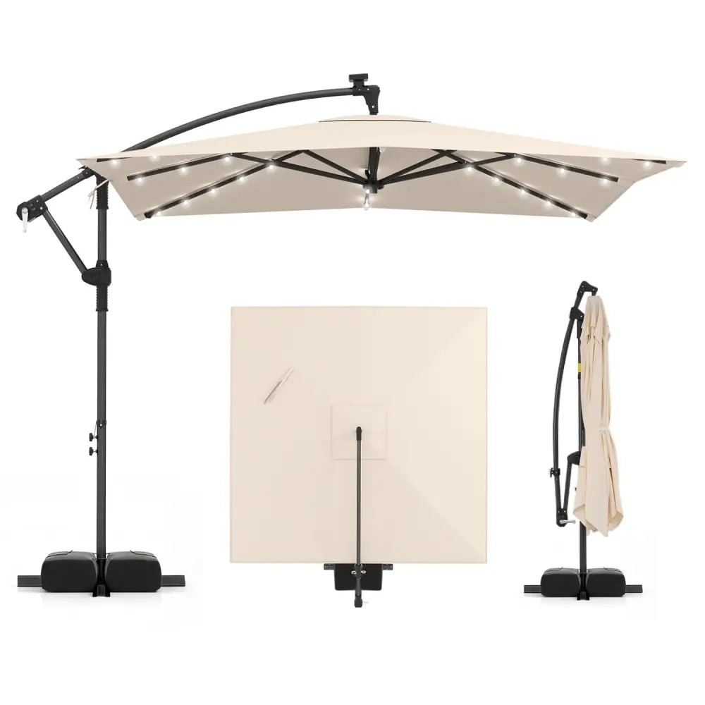 8 x 8 Square FT Solar LED Offset Cantilever Patio Umbrella with 360° Rotation-Beige - Beige - Outdoor Umbrellas