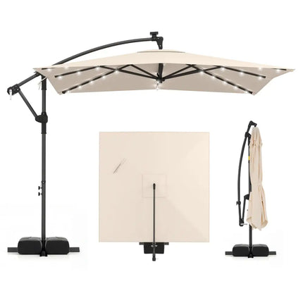 8 x 8 Square FT Solar LED Offset Cantilever Patio Umbrella with 360° Rotation-Beige - Beige - Outdoor Umbrellas