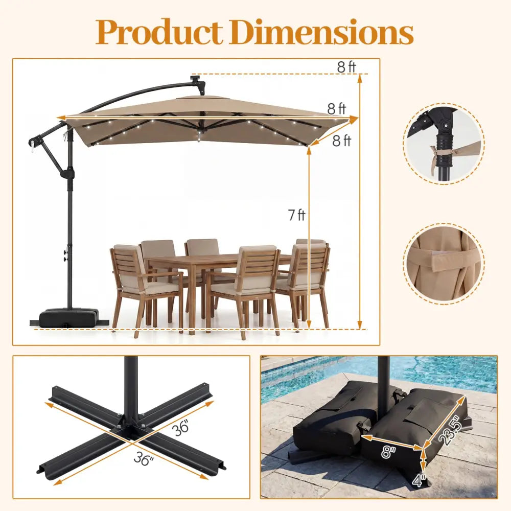 8 x 8 Square FT Solar LED Offset Cantilever Patio Umbrella with 360° Rotation-Rustic Brown - Rustic Brown - Outdoor
