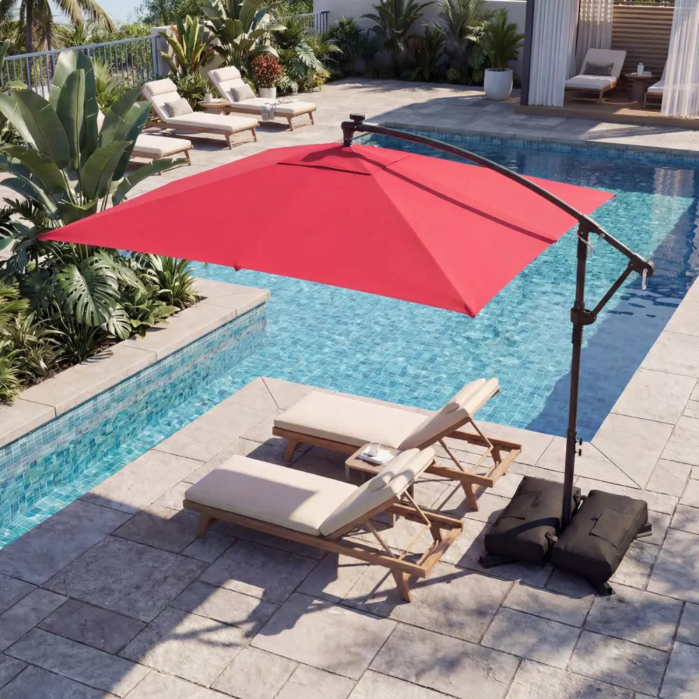 8 x 8 Square FT Solar LED Offset Cantilever Patio Umbrella with 360° Rotation-Red - Red - Outdoor Umbrellas