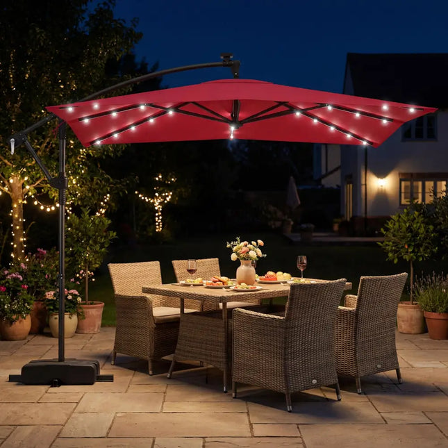 8 x 8 Square FT Solar LED Offset Cantilever Patio Umbrella with 360° Rotation-Red - Red - Outdoor Umbrellas