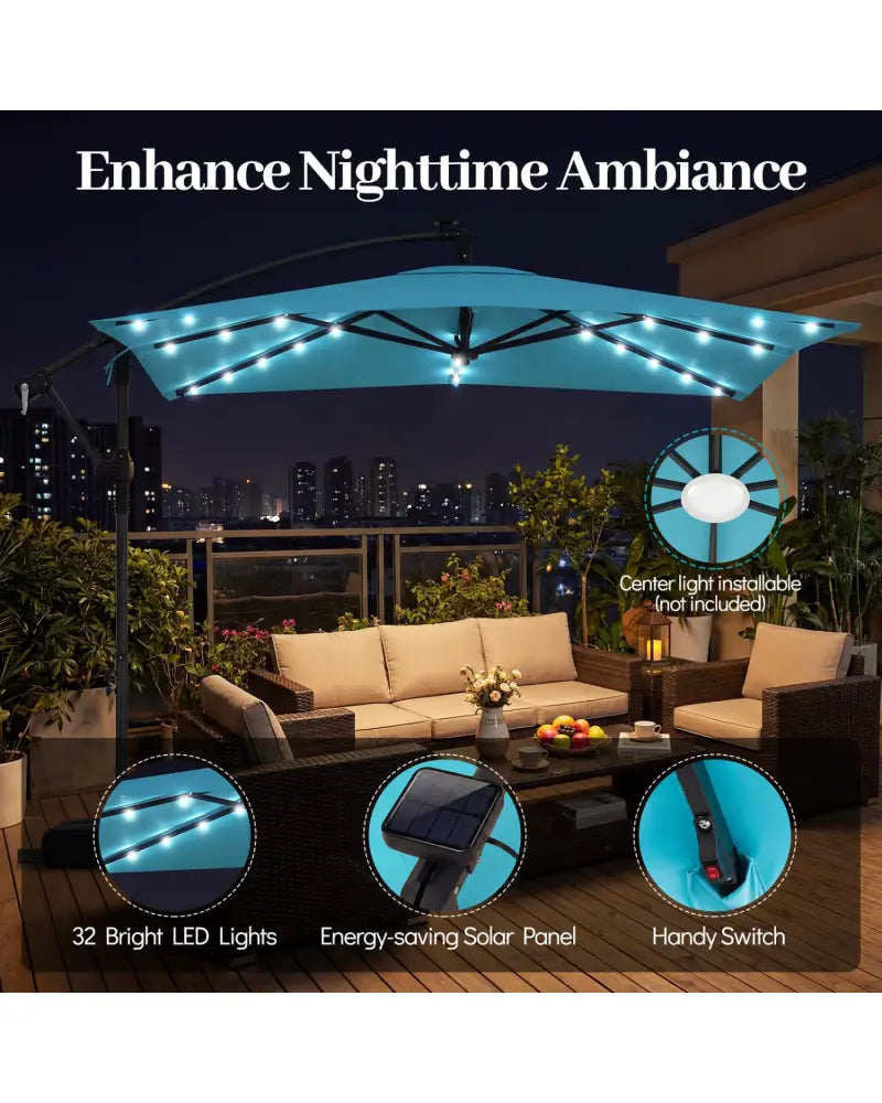 8 x 8 Square FT Solar LED Offset Cantilever Patio Umbrella with 360° Rotation-Turquoise - Turquoise - Outdoor Umbrellas