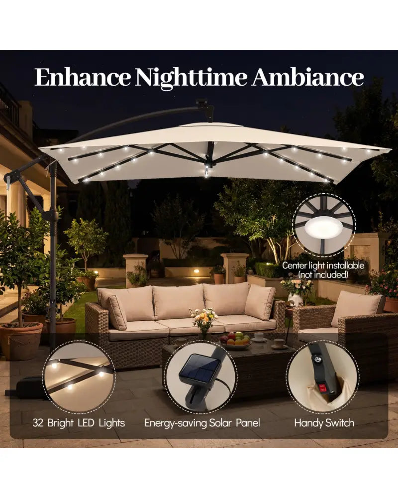 8 x 8 Square FT Solar LED Offset Cantilever Patio Umbrella with 360° Rotation-Beige - Beige - Outdoor Umbrellas