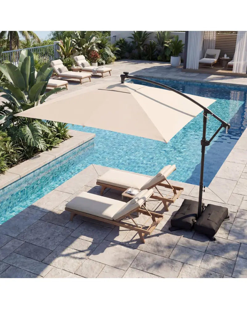 8 x 8 Square FT Solar LED Offset Cantilever Patio Umbrella with 360° Rotation-Beige - Beige - Outdoor Umbrellas