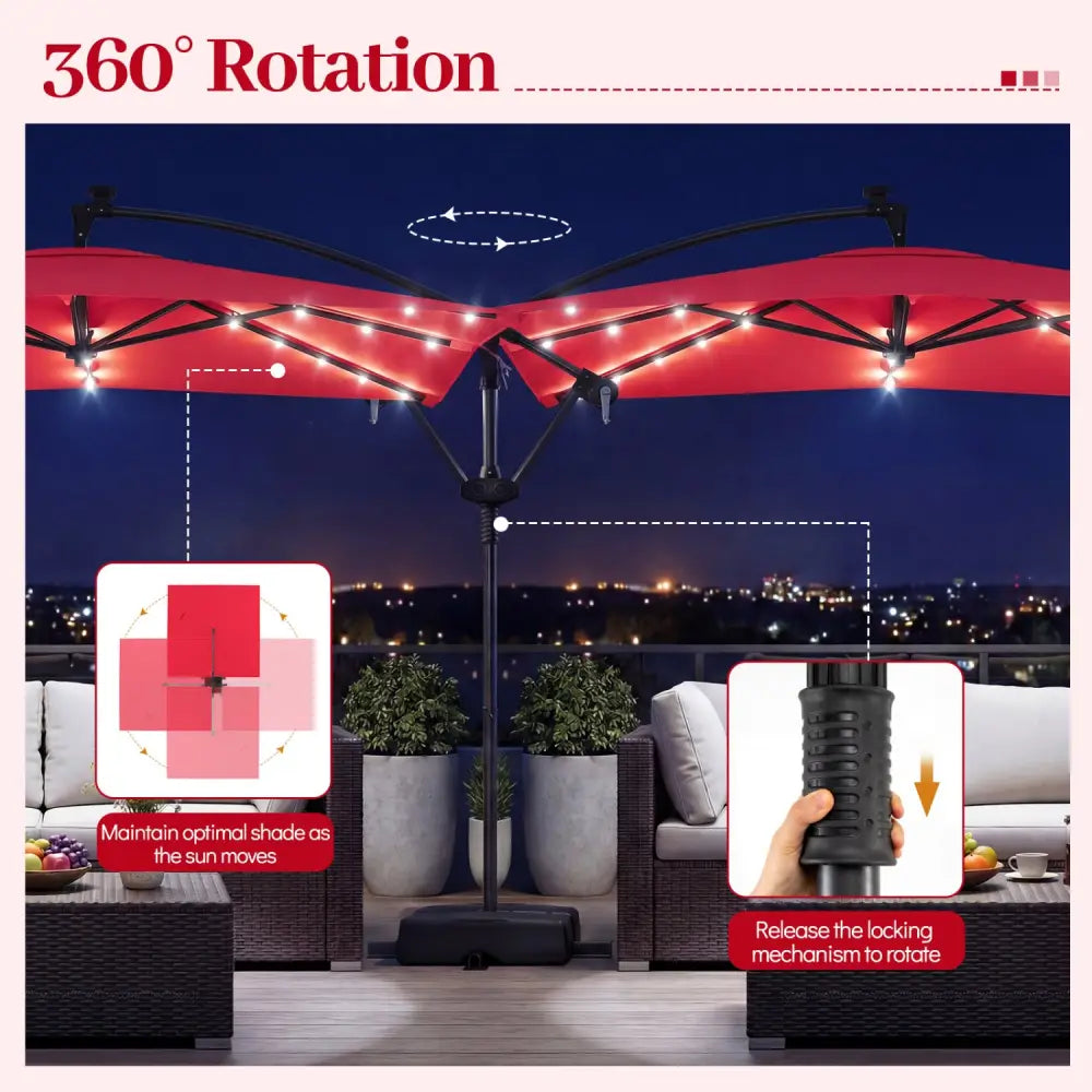 8 x 8 Square FT Solar LED Offset Cantilever Patio Umbrella with 360° Rotation-Red - Red - Outdoor Umbrellas