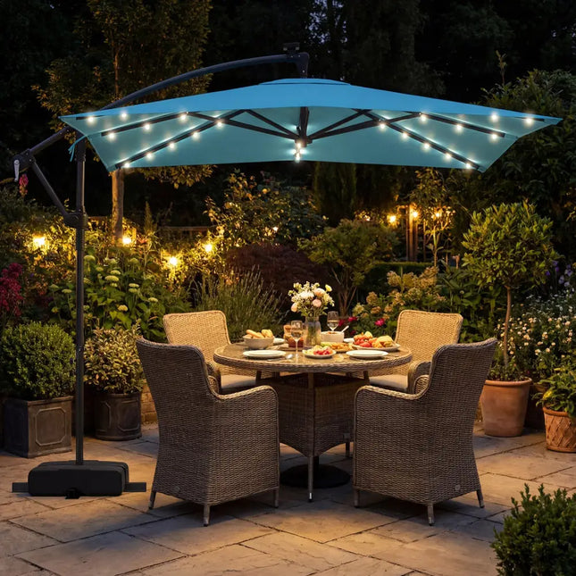 8 x 8 Square FT Solar LED Offset Cantilever Patio Umbrella with 360° Rotation-Turquoise - Turquoise - Outdoor Umbrellas