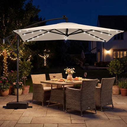 8 x 8 Square FT Solar LED Offset Cantilever Patio Umbrella with 360° Rotation-Beige - Beige - Outdoor Umbrellas