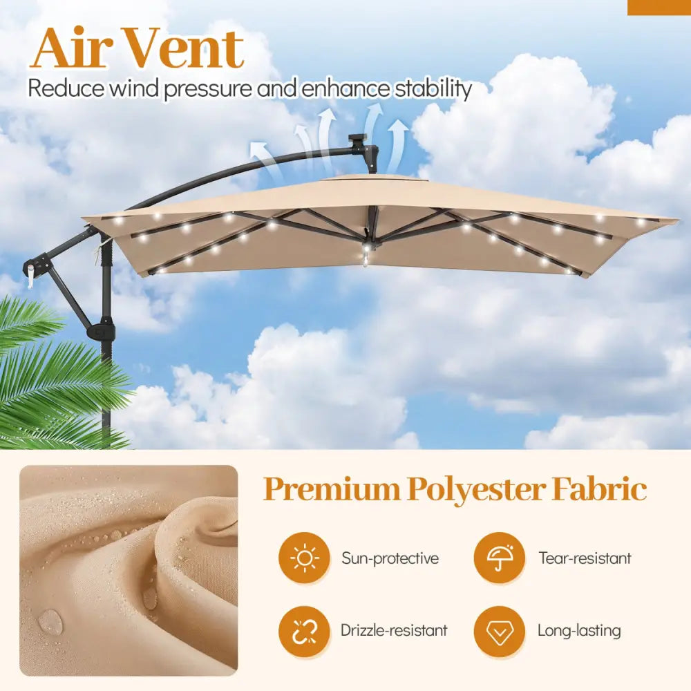 8 x 8 Square FT Solar LED Offset Cantilever Patio Umbrella with 360° Rotation-Rustic Brown - Rustic Brown - Outdoor