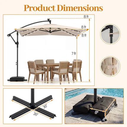 8 x 8 Square FT Solar LED Offset Cantilever Patio Umbrella with 360° Rotation-Beige - Beige - Outdoor Umbrellas
