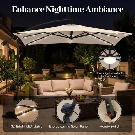 8 x 8 Square FT Solar LED Offset Cantilever Patio Umbrella with 360° Rotation-Beige - Beige - Outdoor Umbrellas