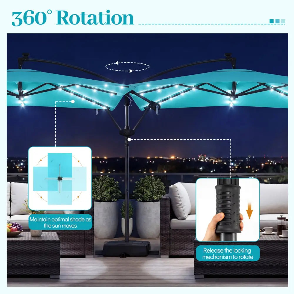 8 x 8 Square FT Solar LED Offset Cantilever Patio Umbrella with 360° Rotation-Turquoise - Turquoise - Outdoor Umbrellas