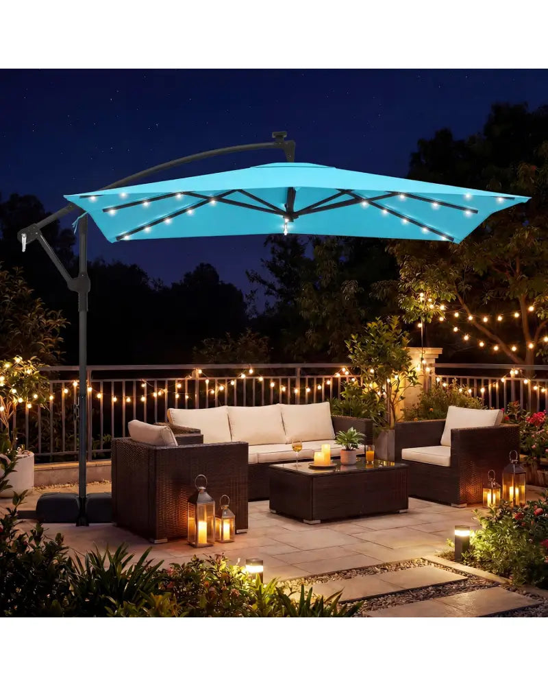 8 x 8 Square FT Solar LED Offset Cantilever Patio Umbrella with 360° Rotation-Turquoise - Turquoise - Outdoor Umbrellas