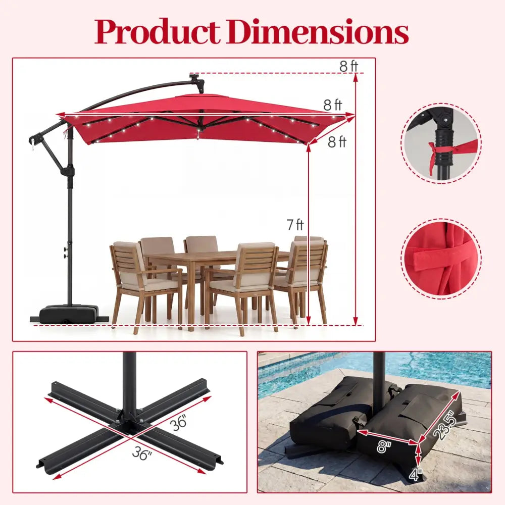 8 x 8 Square FT Solar LED Offset Cantilever Patio Umbrella with 360° Rotation-Red - Red - Outdoor Umbrellas