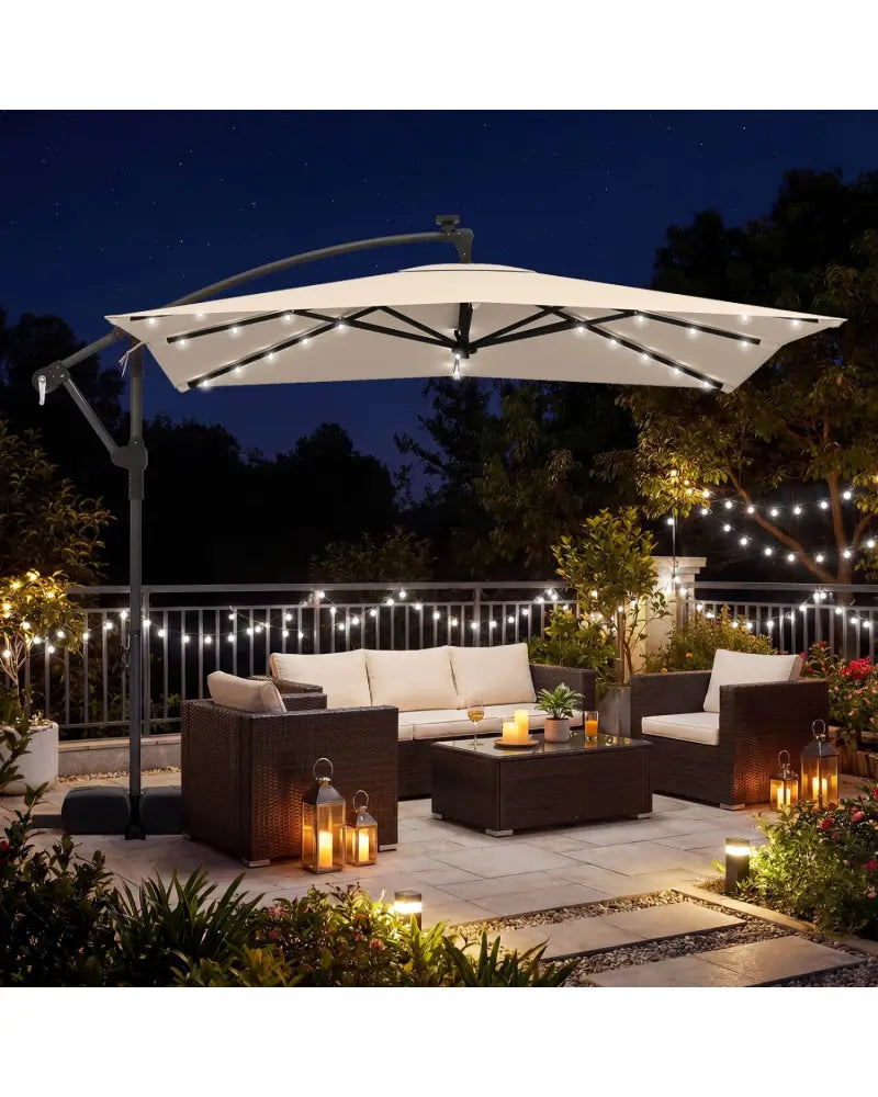 8 x 8 Square FT Solar LED Offset Cantilever Patio Umbrella with 360° Rotation-Beige - Beige - Outdoor Umbrellas