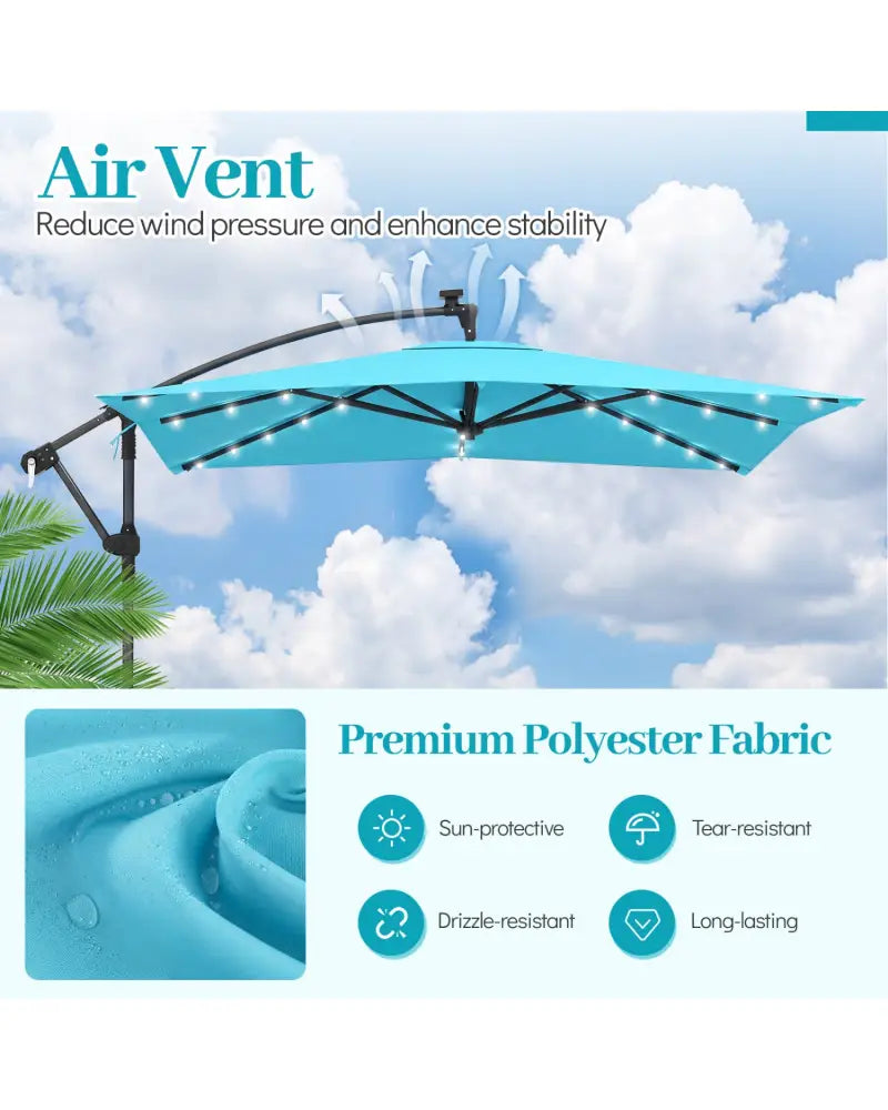 8 x 8 Square FT Solar LED Offset Cantilever Patio Umbrella with 360° Rotation-Turquoise - Turquoise - Outdoor Umbrellas