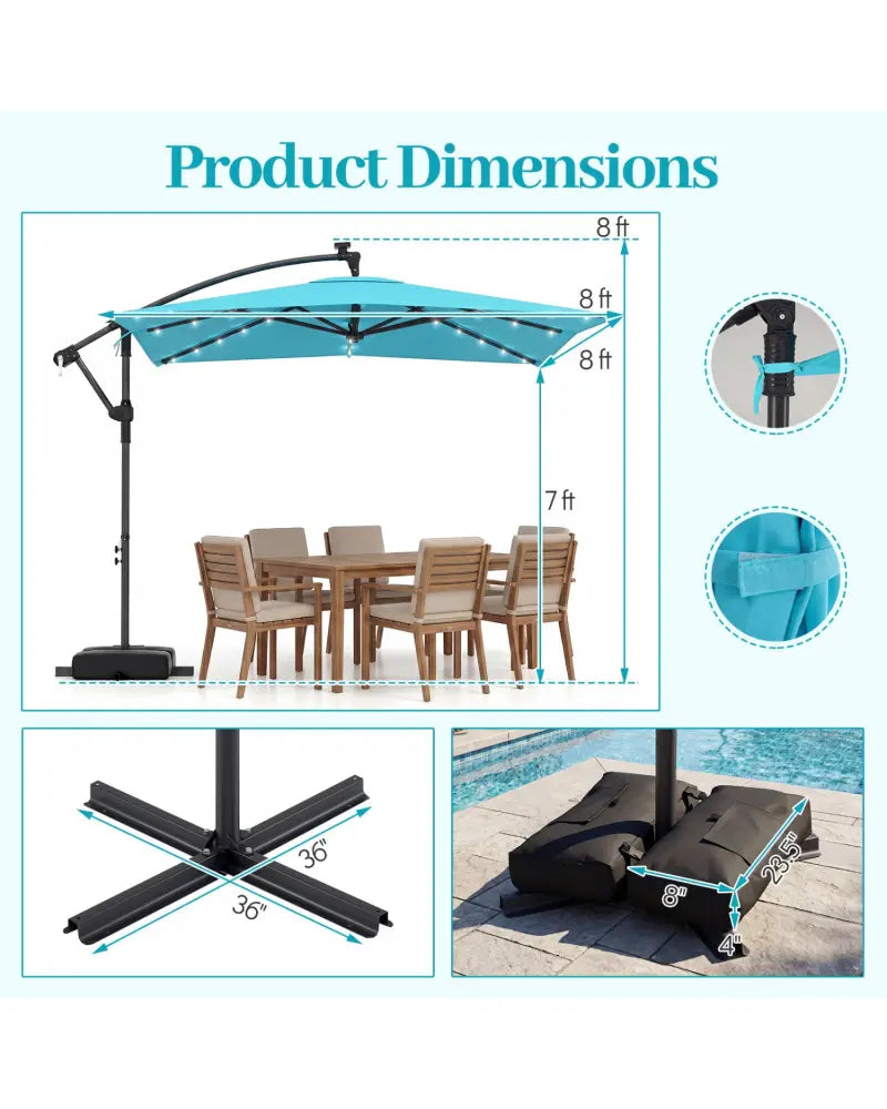 8 x 8 Square FT Solar LED Offset Cantilever Patio Umbrella with 360° Rotation-Turquoise - Turquoise - Outdoor Umbrellas