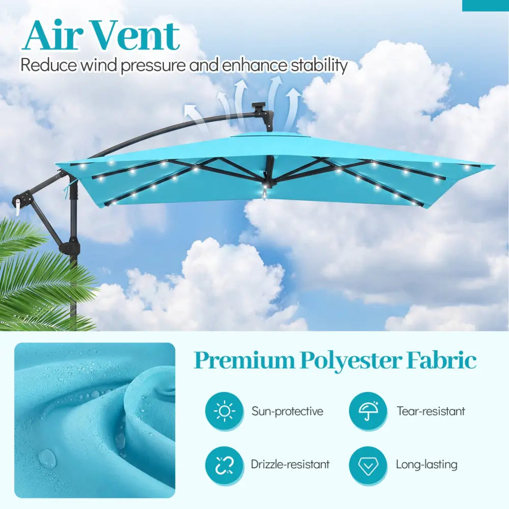 8 x 8 Square FT Solar LED Offset Cantilever Patio Umbrella with 360° Rotation-Turquoise - Turquoise - Outdoor Umbrellas