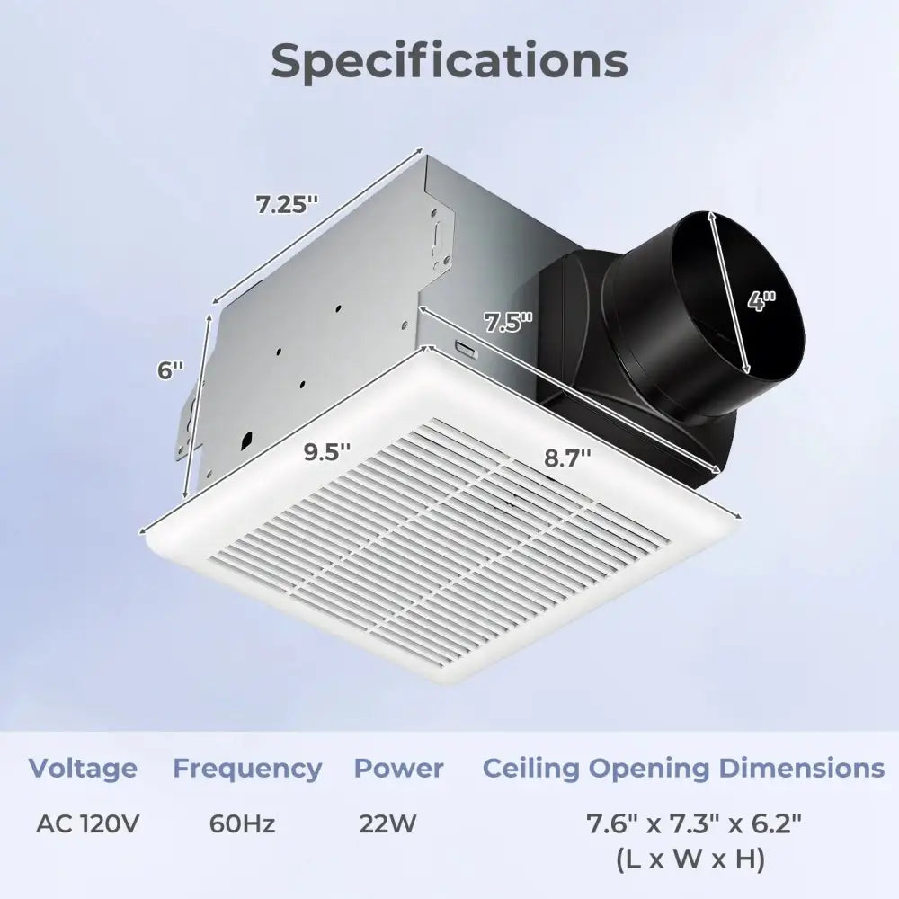 Ceiling-mounted exhaust fan with dimensions and specifications on a light blue background