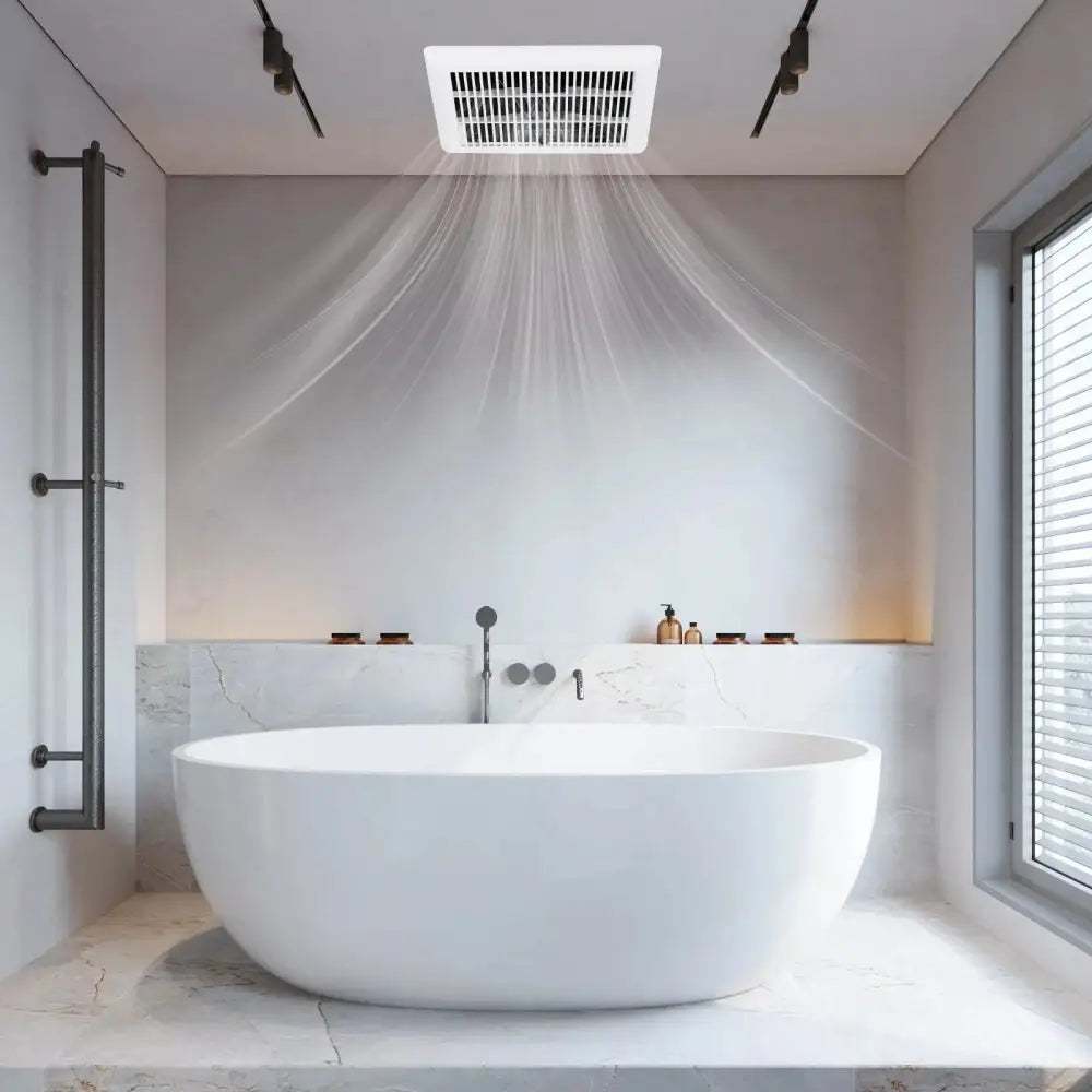 Modern bathroom with a freestanding bathtub, shower head, and window.