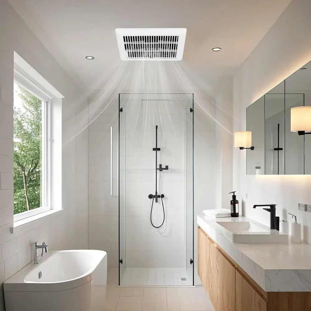 Modern bathroom with shower, bathtub, and vanity area.