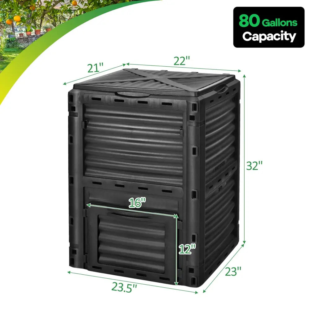 80-Gallon Outdoor Composter with Large Openable Lid and Bottom Exit Door-Black - Black - Garden Tools