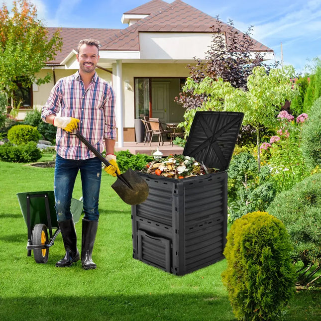 80-Gallon Outdoor Composter with Large Openable Lid and Bottom Exit Door-Black - Black - Garden Tools