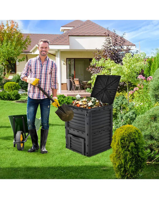 80-Gallon Outdoor Composter with Large Openable Lid and Bottom Exit Door-Black - Black - Garden Tools