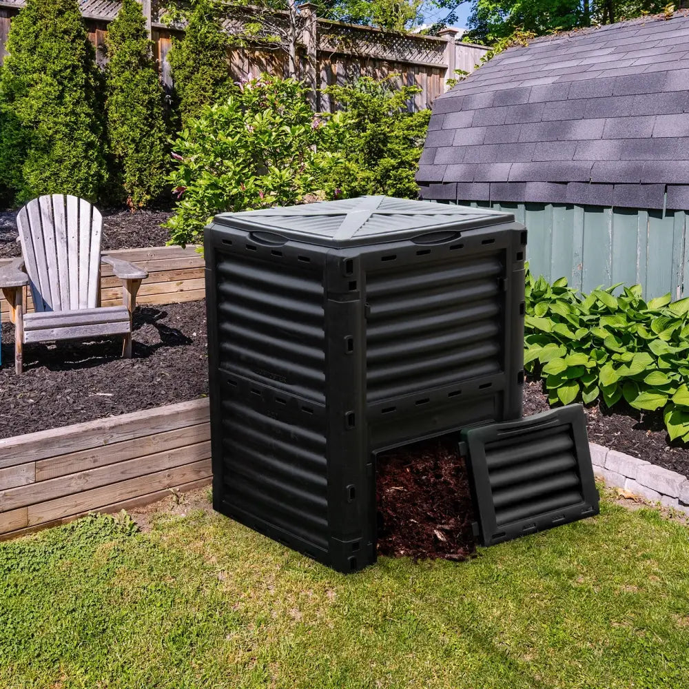 80-Gallon Outdoor Composter with Large Openable Lid and Bottom Exit Door-Black - Black - Garden Tools