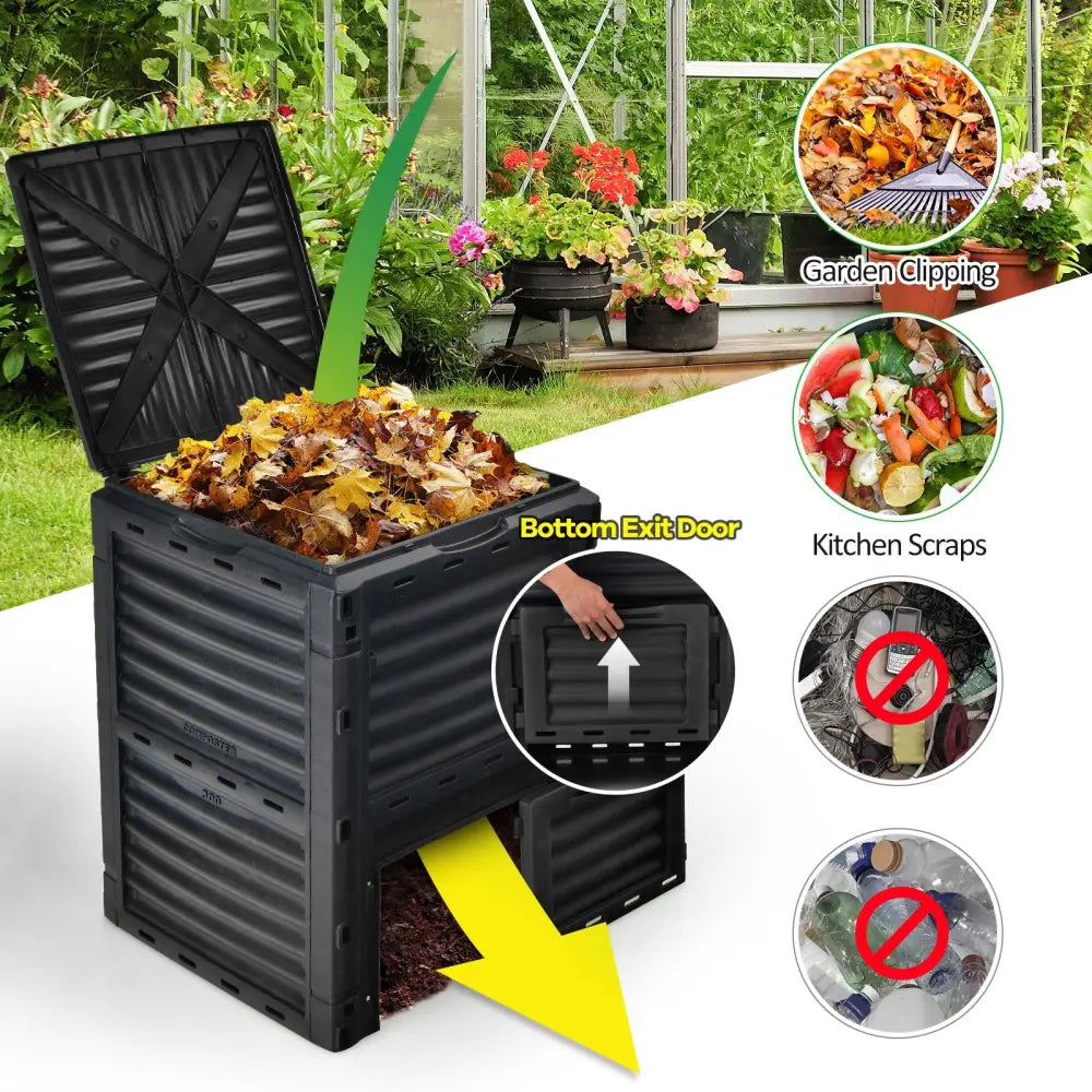 80-Gallon Outdoor Composter with Large Openable Lid and Bottom Exit Door-Black - Black - Garden Tools