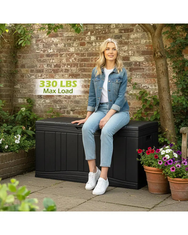 80 Gallon Outdoor Deck Box with Lockable Lid for Garden Tools Cushions-Black - Black - Sheds & Outdoor Storage