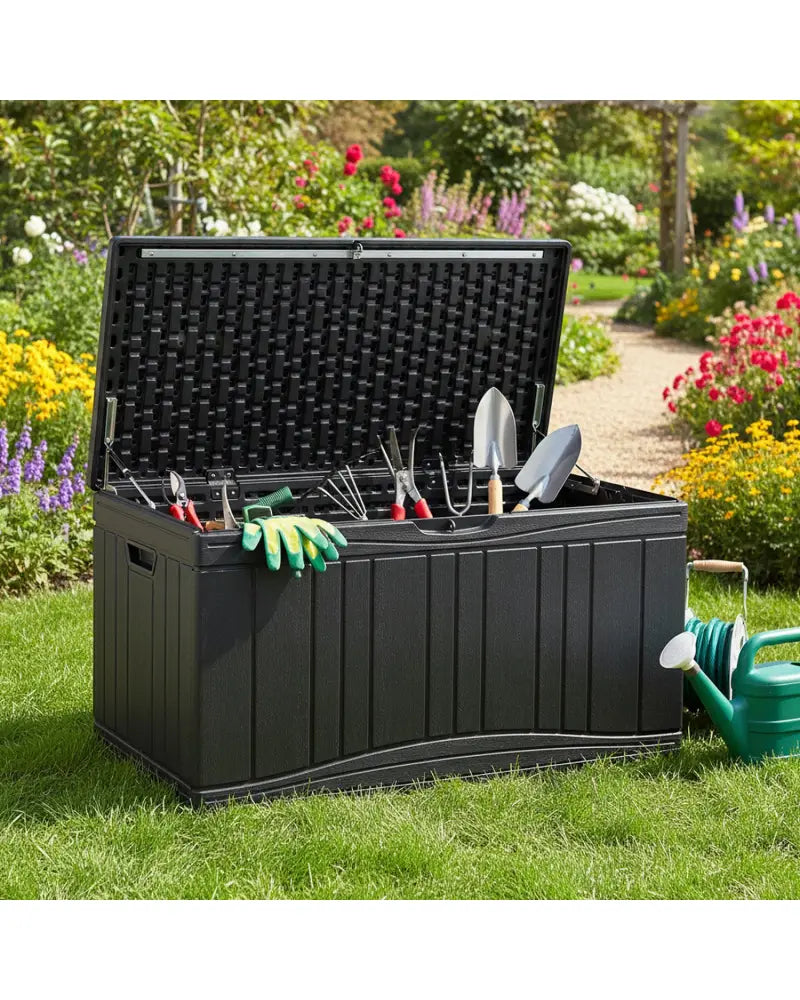 80 Gallon Outdoor Deck Box with Lockable Lid for Garden Tools Cushions-Black - Black - Sheds & Outdoor Storage