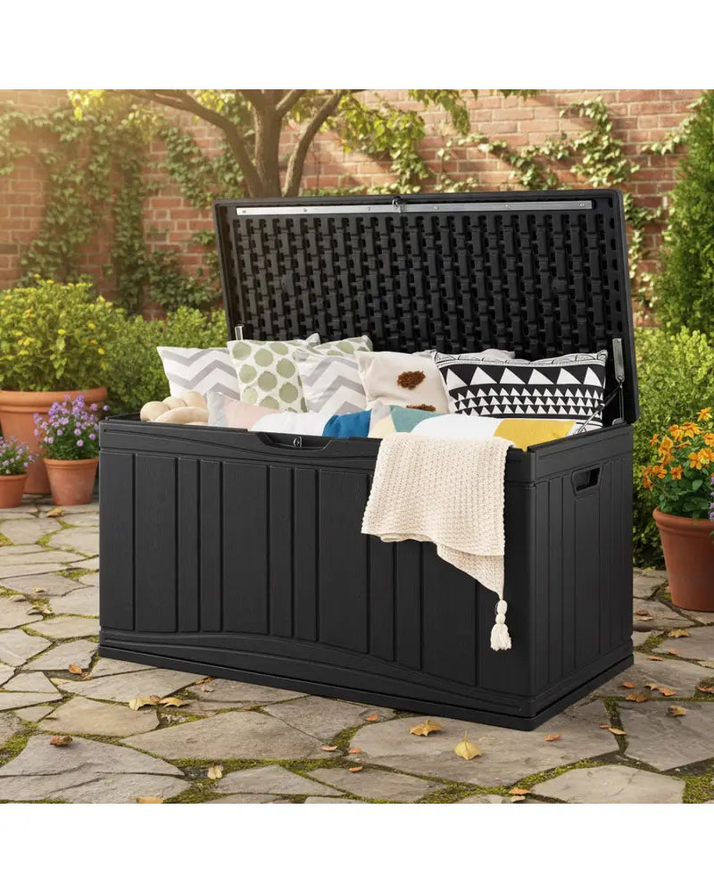 80 Gallon Outdoor Deck Box with Lockable Lid for Garden Tools Cushions-Black - Black - Sheds & Outdoor Storage