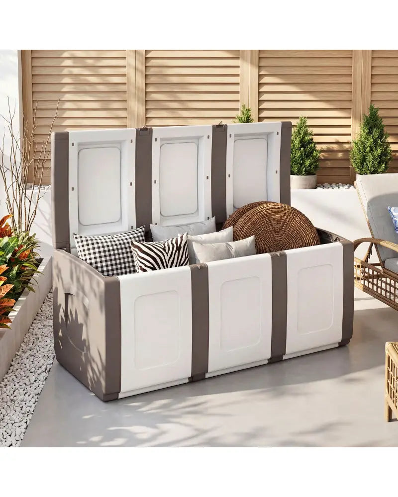 80 Gallon Patio Container with Lockable Lid for Packages and Garden-Beige - Beige - Sheds & Outdoor Storage