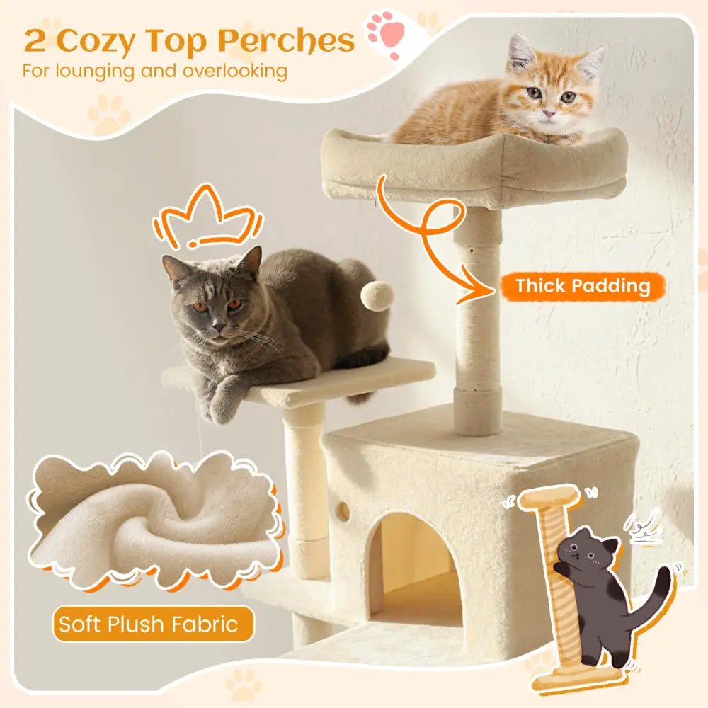 80 Inches Tall Cat Tree with 2 Large Condos and Dangling Toys-Beige - Beige - Cat Trees Condos & Scratchers