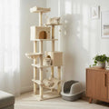 80 Inches Tall Cat Tree with 2 Large Condos and Dangling Toys-Beige - Beige - Cat Trees Condos & Scratchers