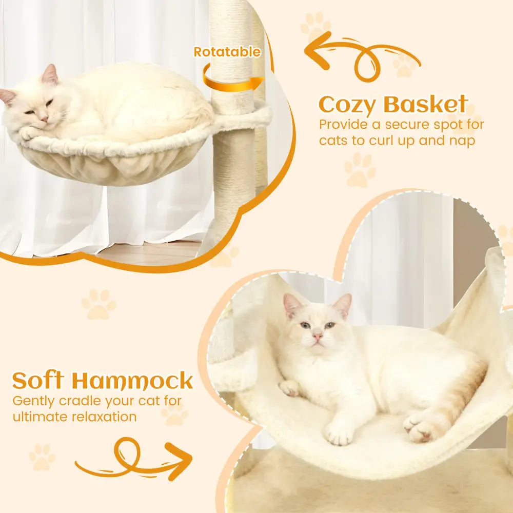 80 Inches Tall Cat Tree with 2 Large Condos and Dangling Toys-Beige - Beige - Cat Trees Condos & Scratchers