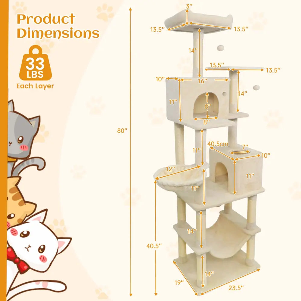80 Inches Tall Cat Tree with 2 Large Condos and Dangling Toys-Beige - Beige - Cat Trees Condos & Scratchers