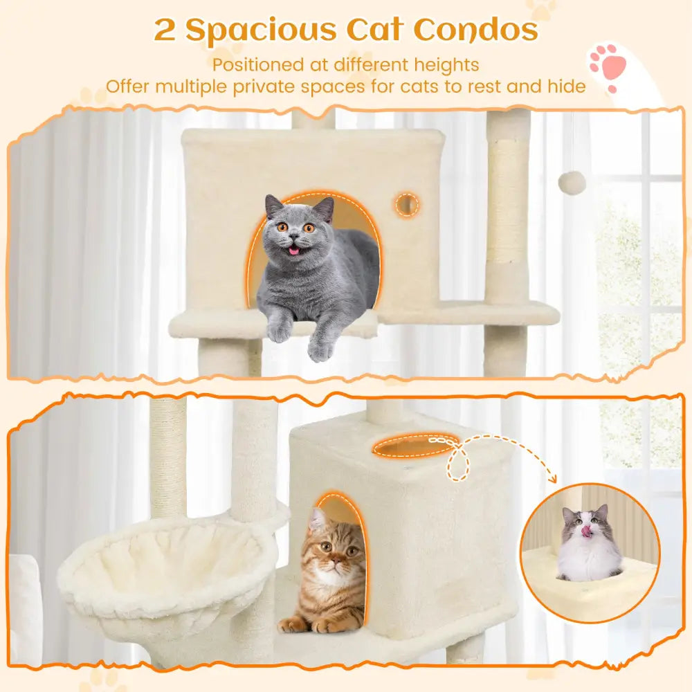 80 Inches Tall Cat Tree with 2 Large Condos and Dangling Toys-Beige - Beige - Cat Trees Condos & Scratchers