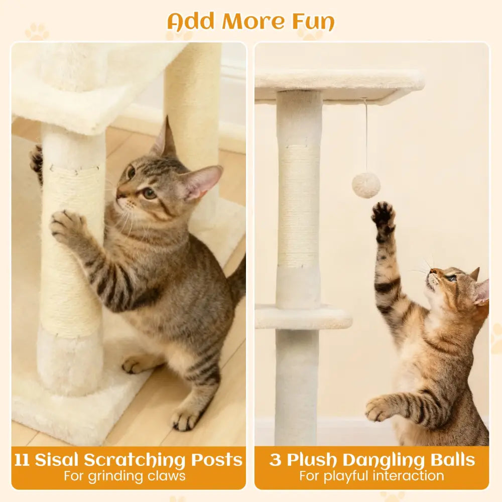 80 Inches Tall Cat Tree with 2 Large Condos and Dangling Toys-Beige - Beige - Cat Trees Condos & Scratchers